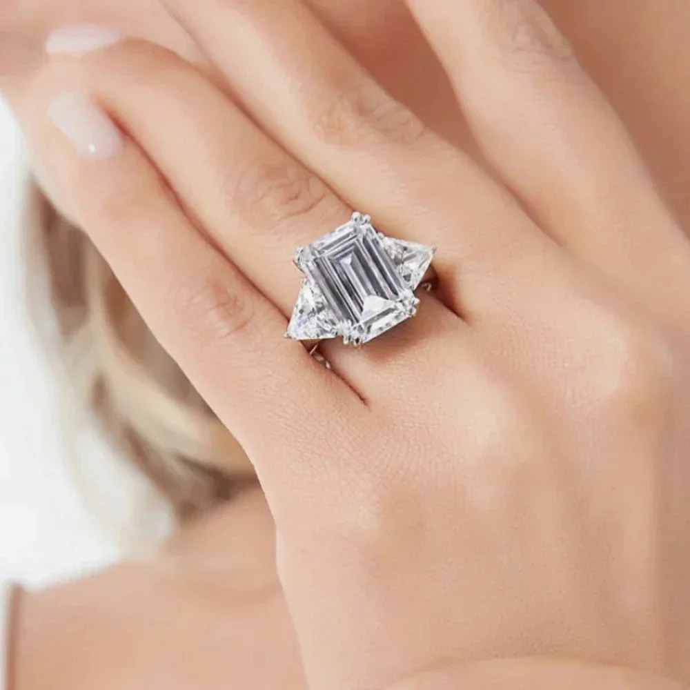 3 Stone 6CTW Emerald Cut Lab Created Diamond in Sterling Silver Size 7 - Picture 7 of 8